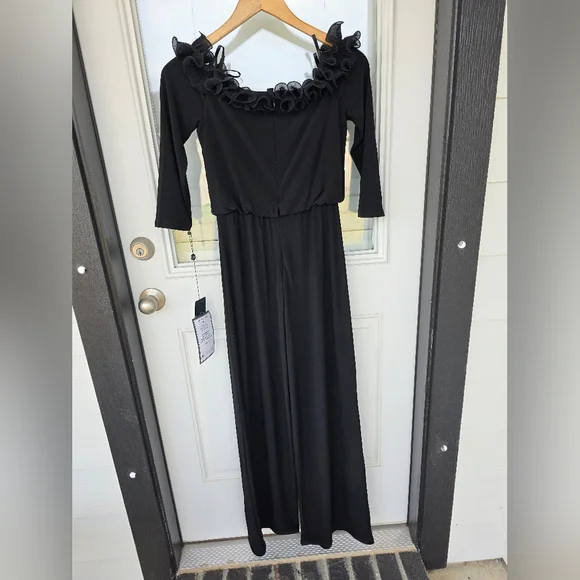 Adrianna Papell Women Jumpsuit Sz 2 Black Chiffon Ruffle Wide Leg NWT Cocktail - Picture 9 of 11